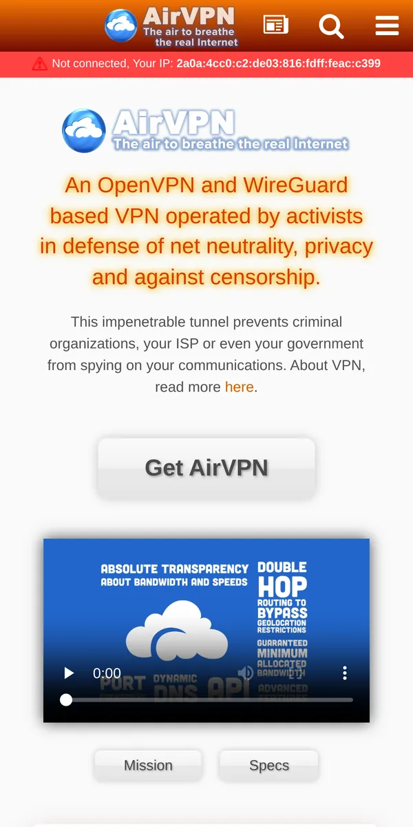 Startseite von AirVPN auf dem Smartphone – VPN Österreich im Test