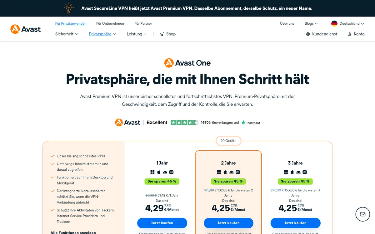 Startseite von Avast Premium VPN am Computer – VPN Österreich im Test