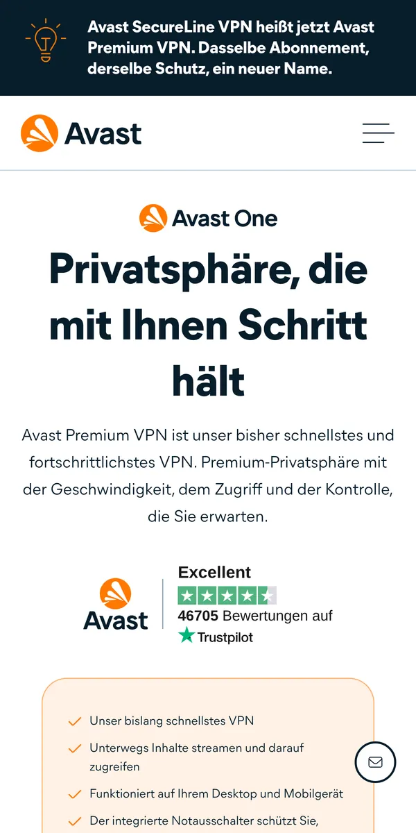Startseite von Avast Premium VPN auf dem Smartphone – VPN Österreich im Test