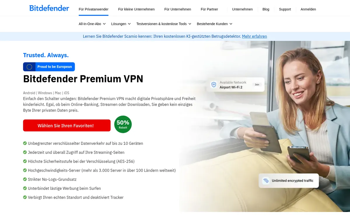 Startseite von Bitdefender VPN am Computer – VPN Österreich im Test