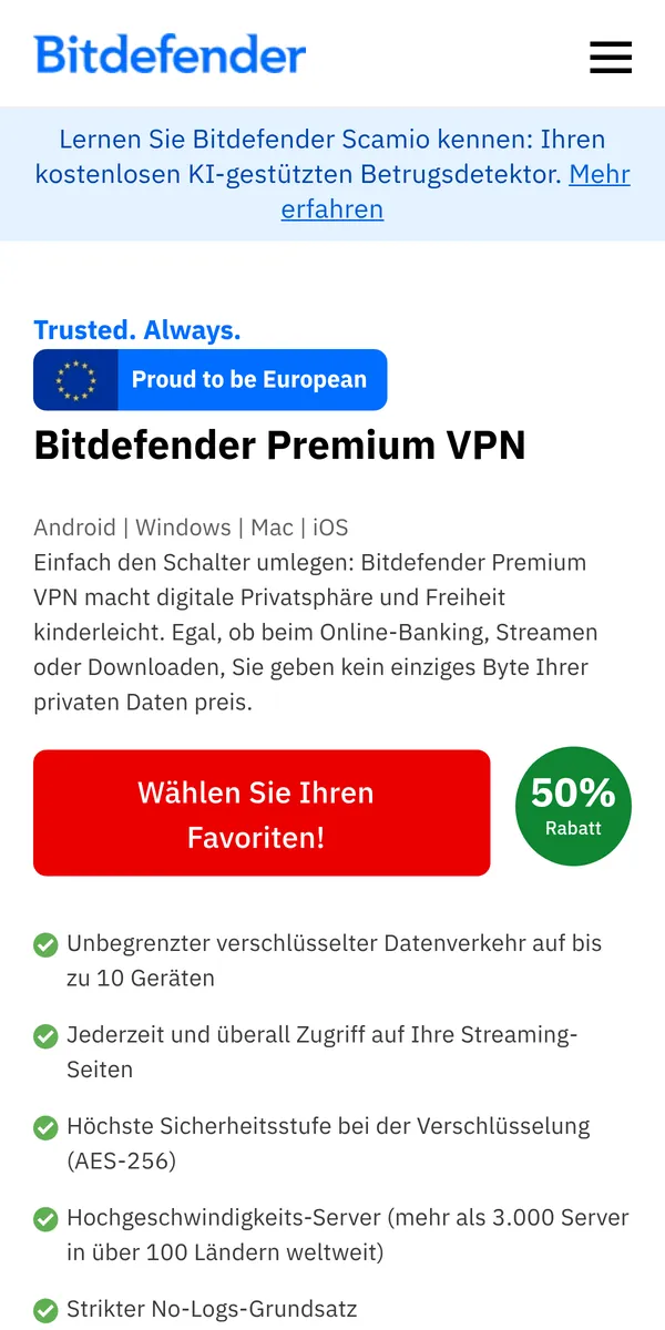 Startseite von Bitdefender VPN auf dem Smartphone – VPN Österreich im Test