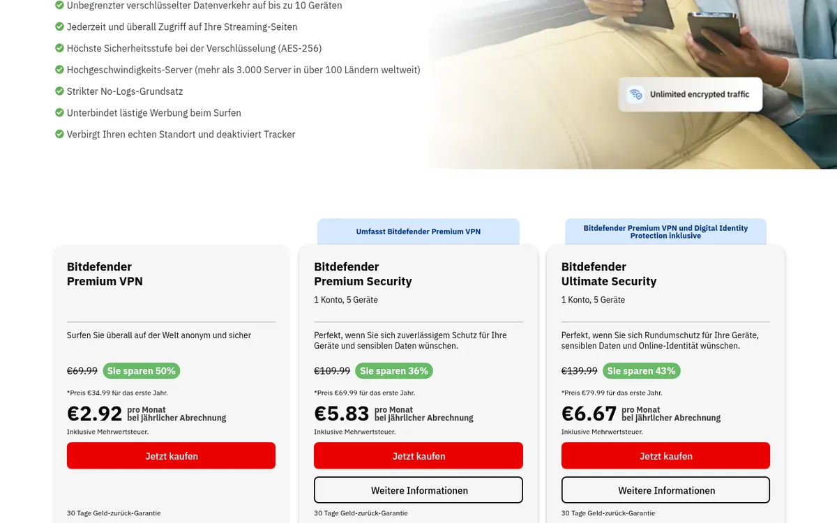 Preisseite von Bitdefender VPN – VPN Österreich im Test