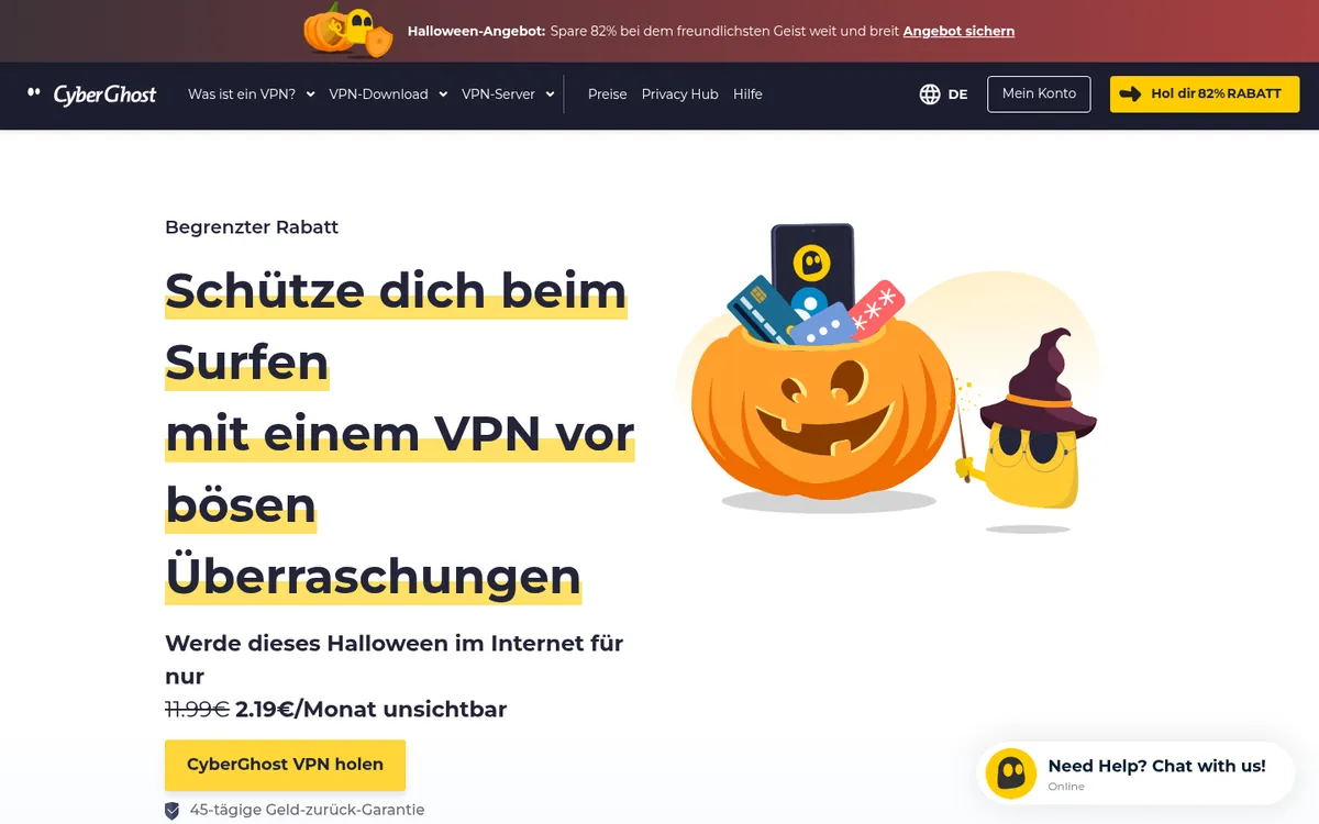 Startseite von CyberGhost, einem der Dienste im Vergleich
