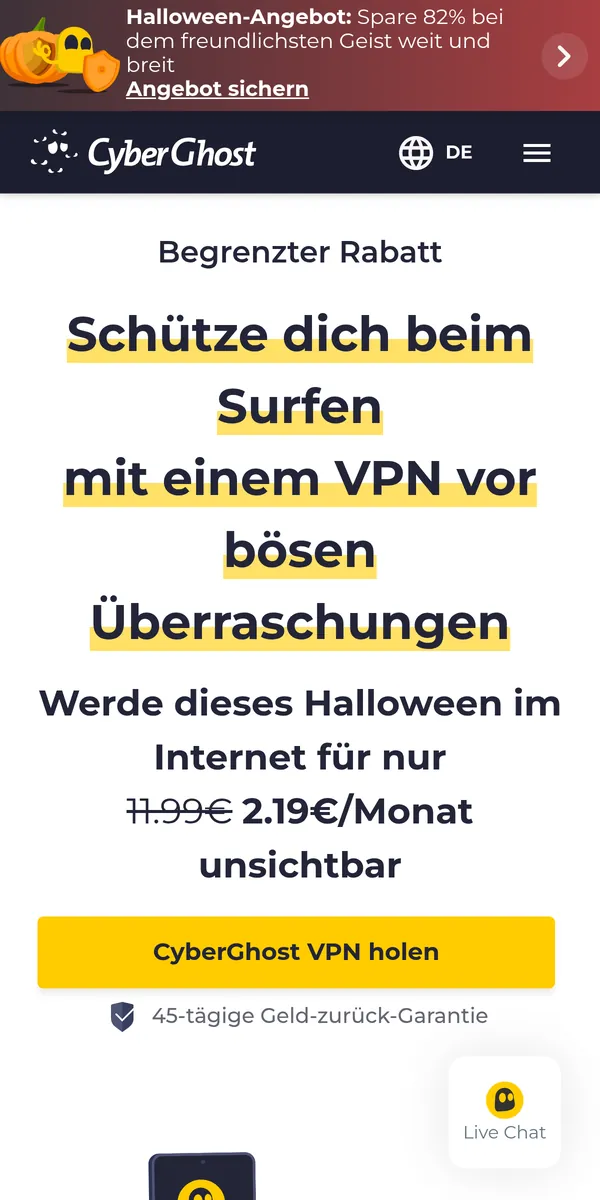 Startseite von CyberGhost auf dem Smartphone – VPN Österreich im Test