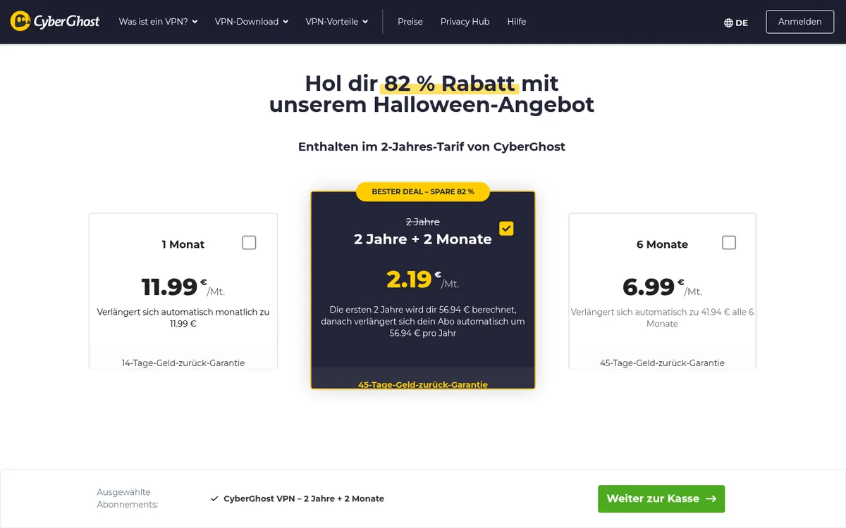 Preisseite von CyberGhost – VPN Österreich im Test