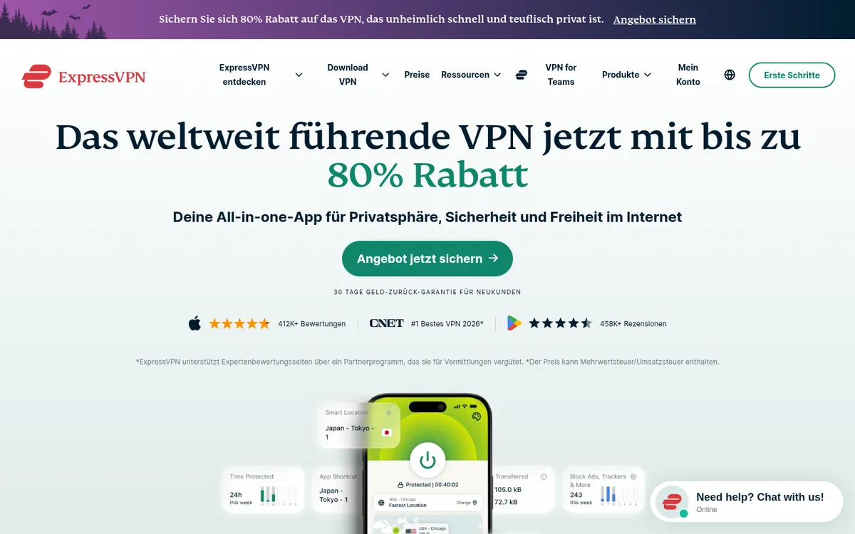 Startseite von ExpressVPN am Computer – VPN Österreich im Test