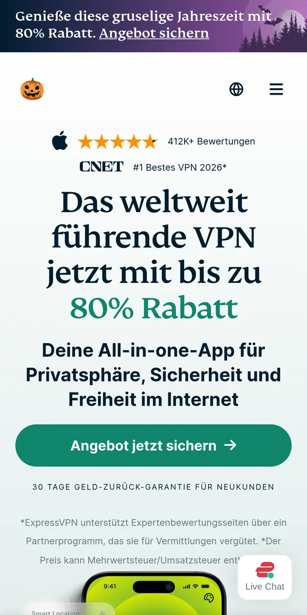 Startseite von ExpressVPN auf dem Smartphone – VPN Österreich im Test