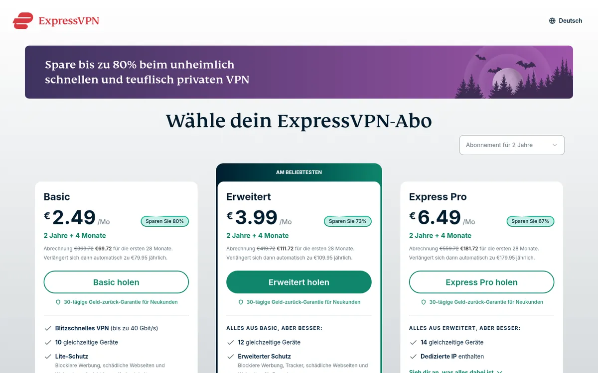 Preisseite von ExpressVPN – VPN Österreich im Test