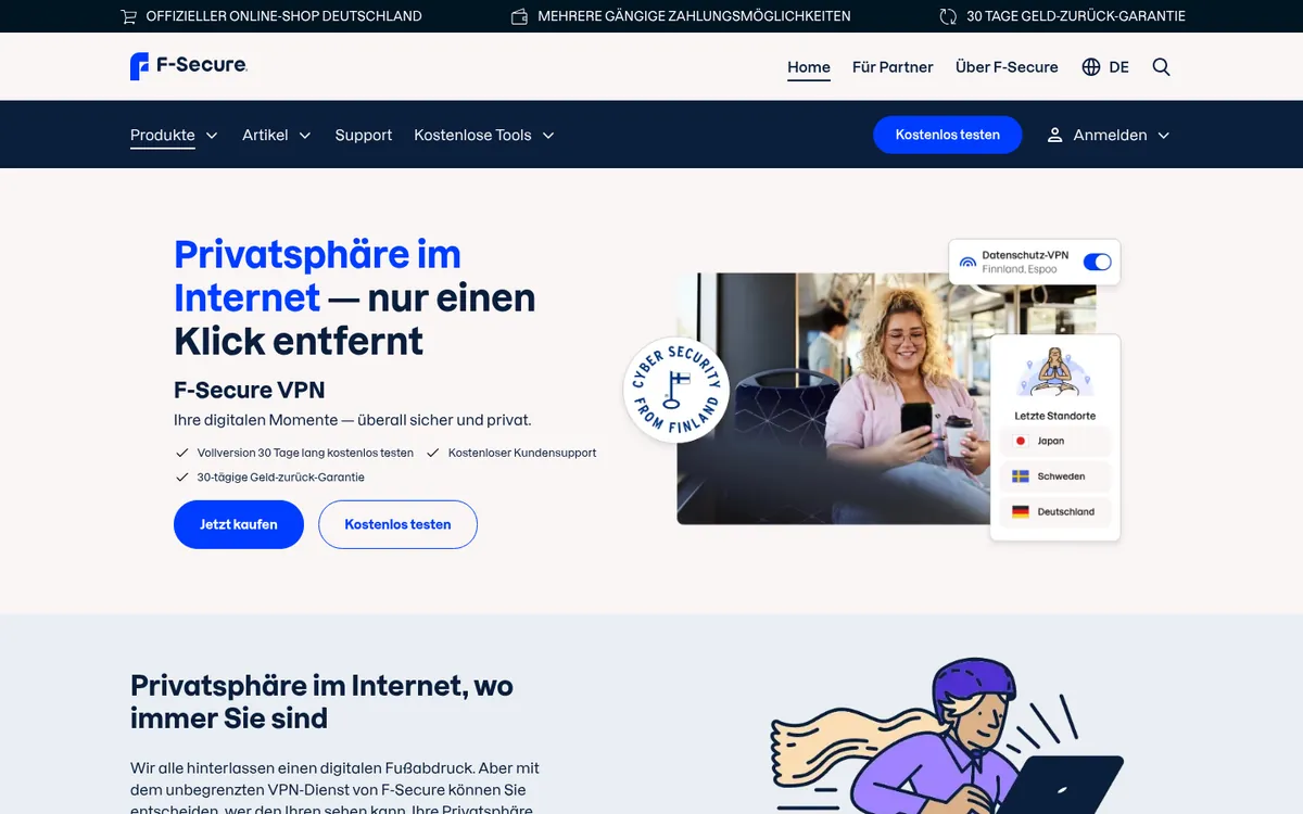 Startseite von F-Secure VPN am Computer – VPN Österreich im Test