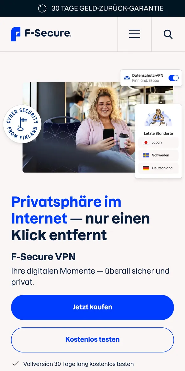 Startseite von F-Secure VPN auf dem Smartphone – VPN Österreich im Test