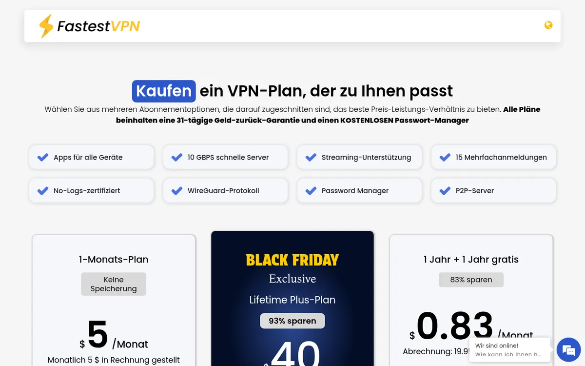 Preisseite von FastestVPN – VPN Österreich im Test