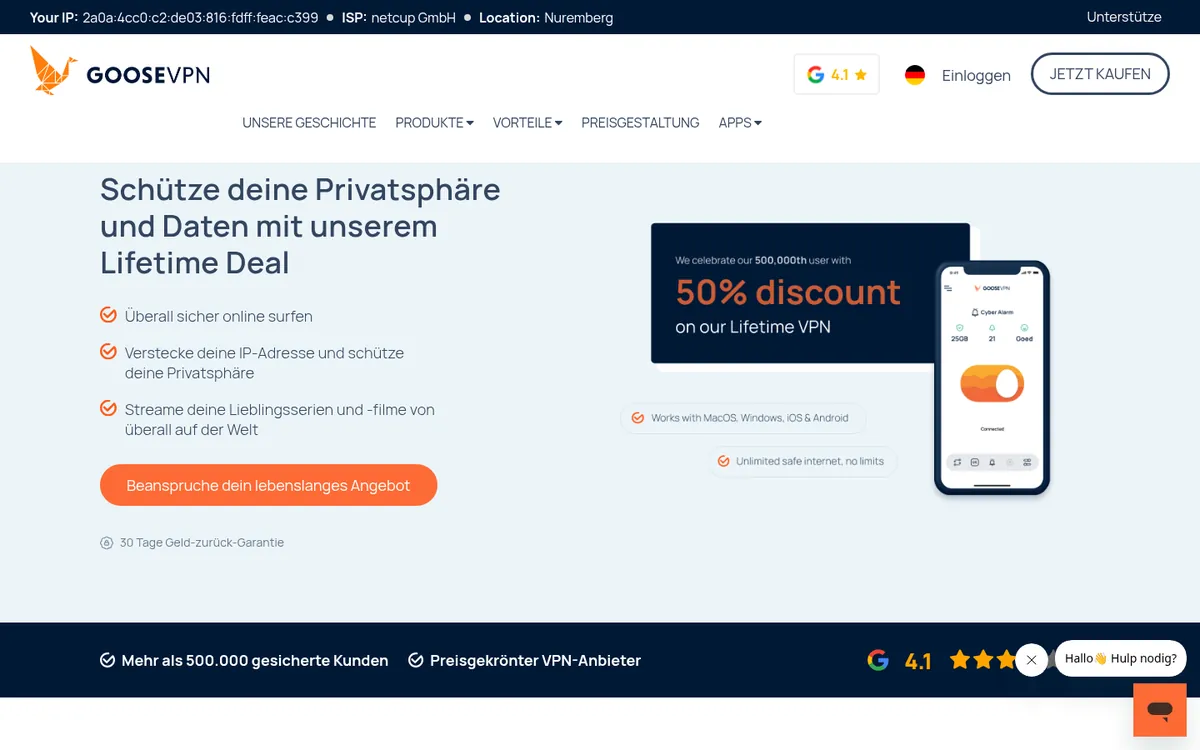 Startseite von Goose VPN am Computer – VPN Österreich im Test