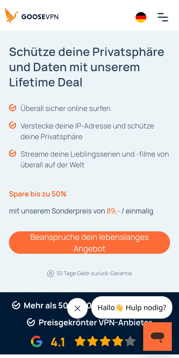 Startseite von Goose VPN auf dem Smartphone – VPN Österreich im Test