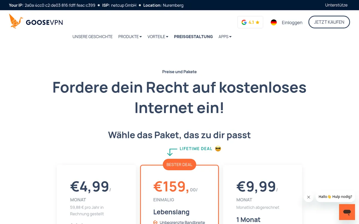 Preisseite von Goose VPN – VPN Österreich im Test