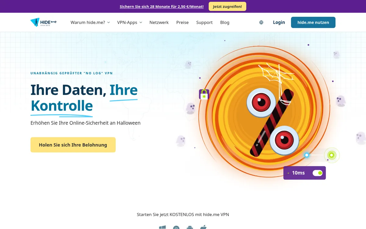 Startseite von hide.me am Computer – VPN Österreich im Test