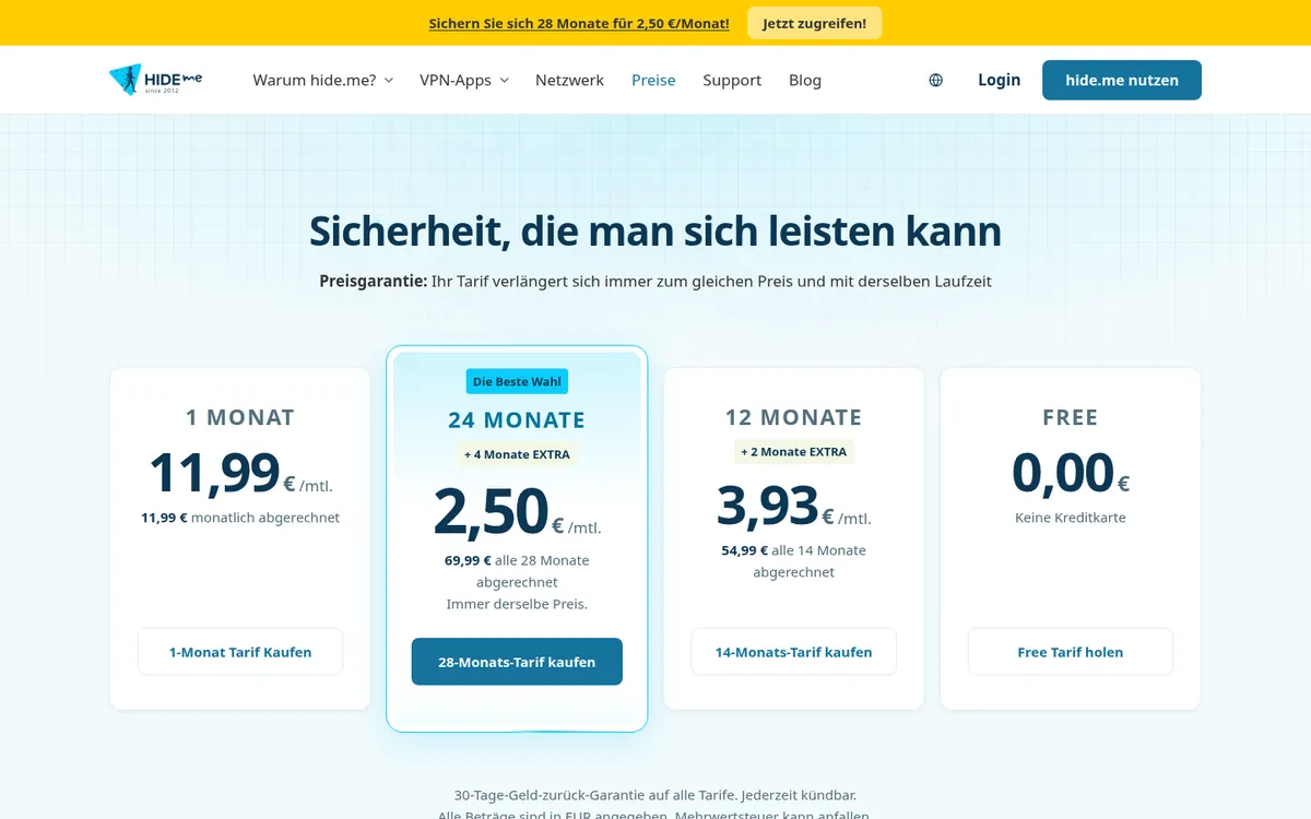 Preisseite von hide.me – VPN Österreich im Test