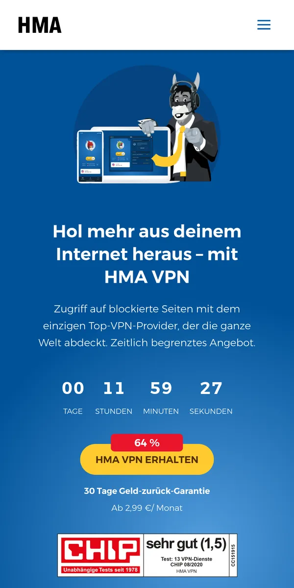 Startseite von HMA auf dem Smartphone – VPN Österreich im Test
