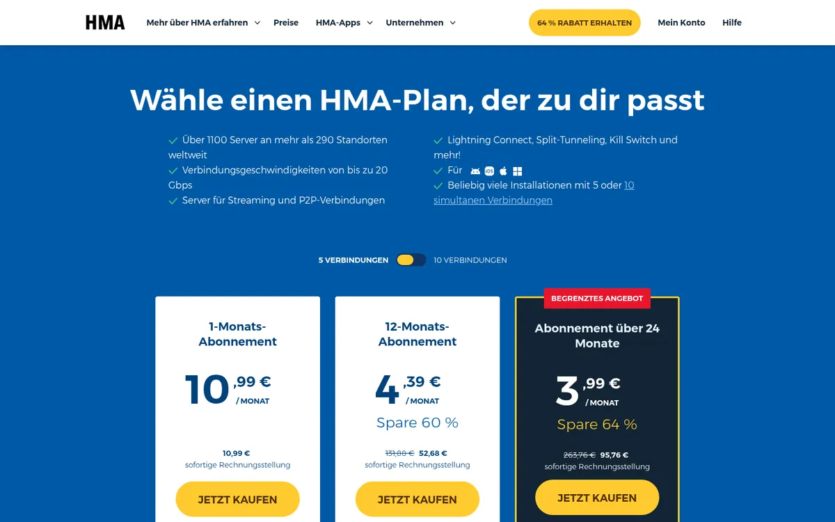 Preisseite von HMA – VPN Österreich im Test
