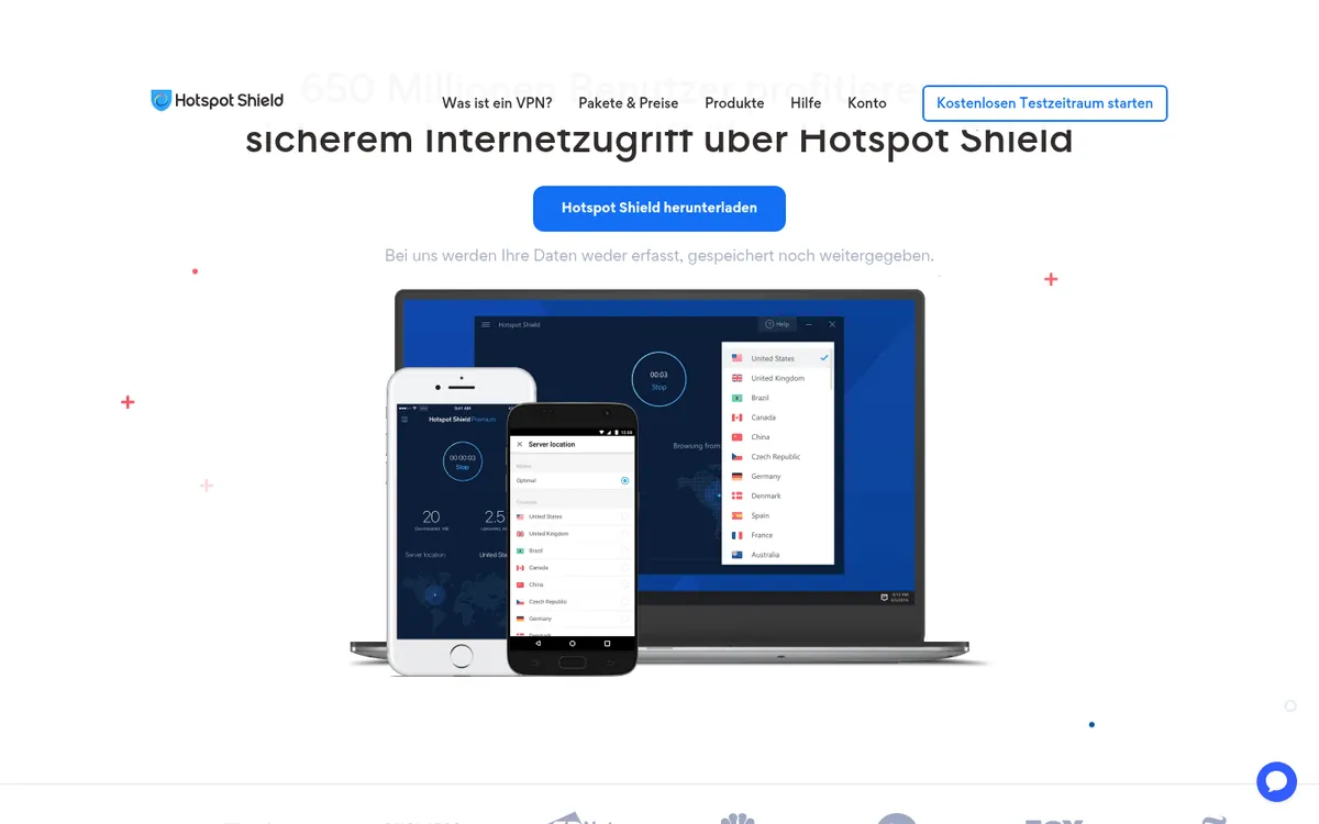 Startseite von Hotspot Shield am Computer – VPN Österreich im Test