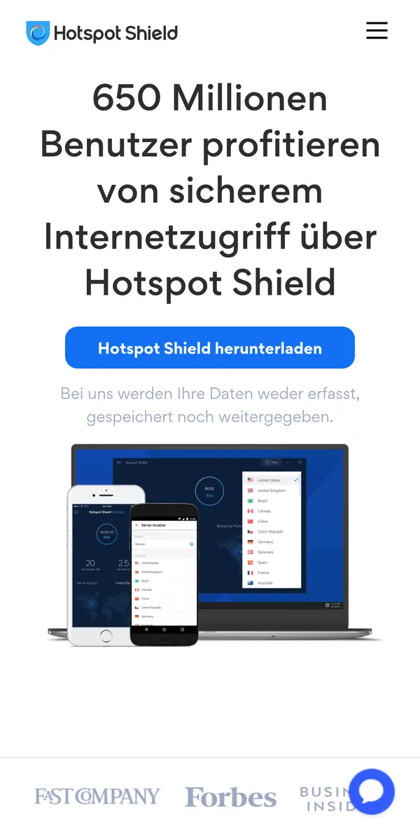 Startseite von Hotspot Shield auf dem Smartphone – VPN Österreich im Test