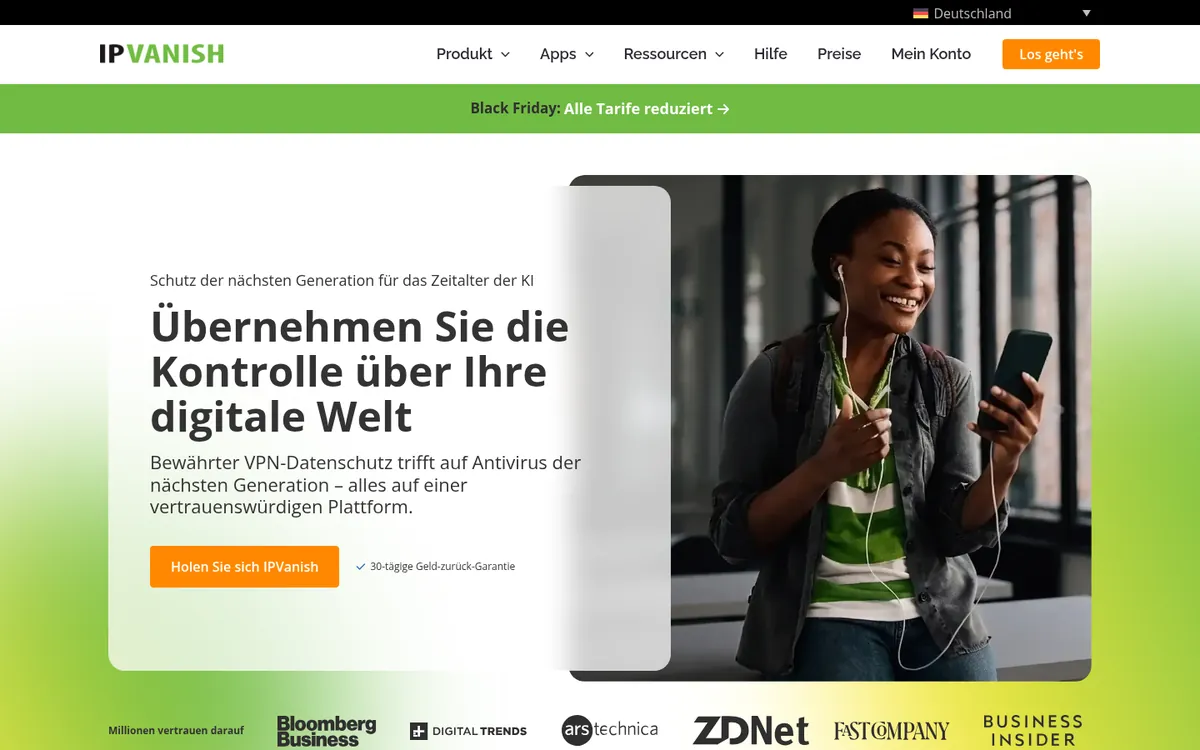Startseite von IPVanish am Computer – VPN Österreich im Test