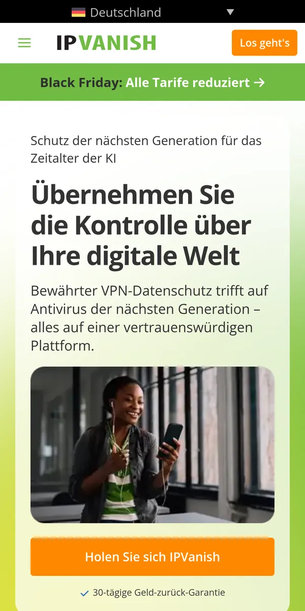 Startseite von IPVanish auf dem Smartphone – VPN Österreich im Test