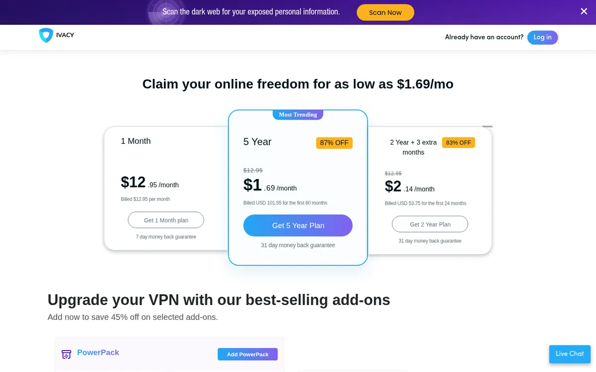 Preisseite von Ivacy – VPN Österreich im Test