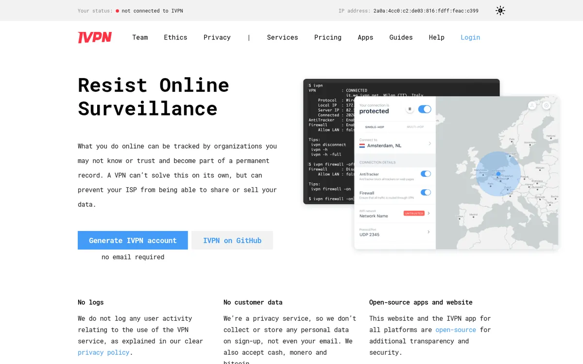 Startseite von IVPN am Computer – VPN Österreich im Test