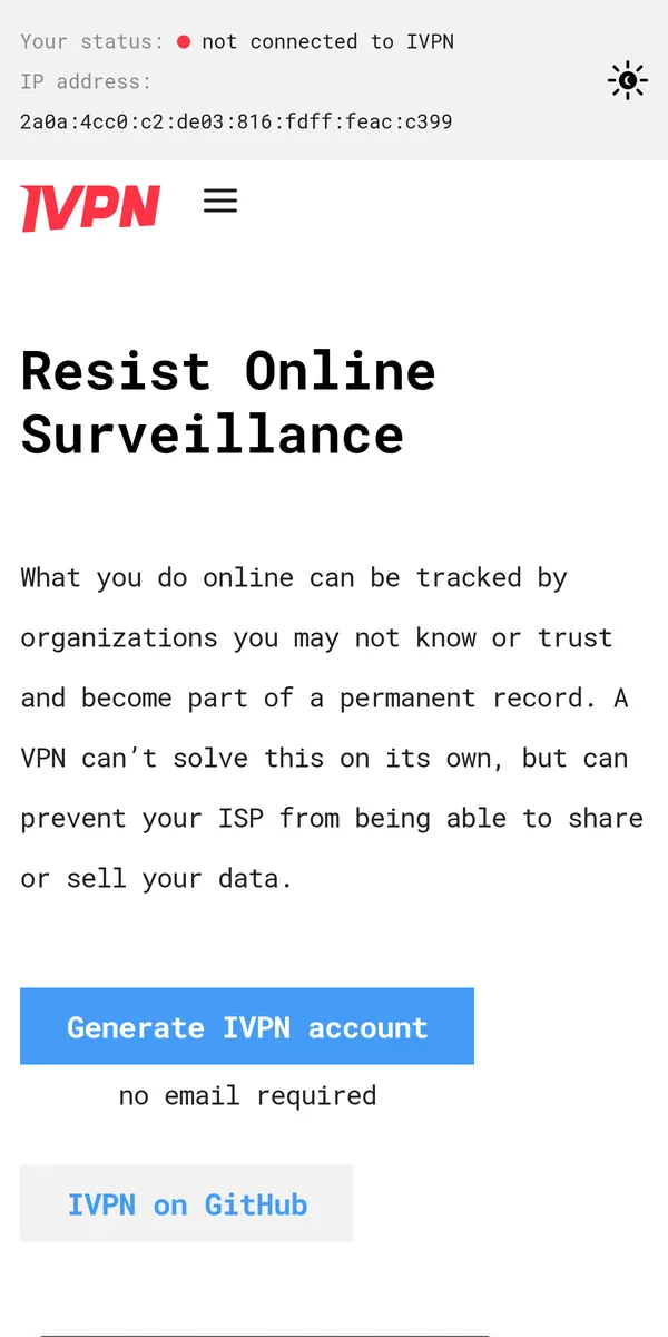 Startseite von IVPN auf dem Smartphone – VPN Österreich im Test