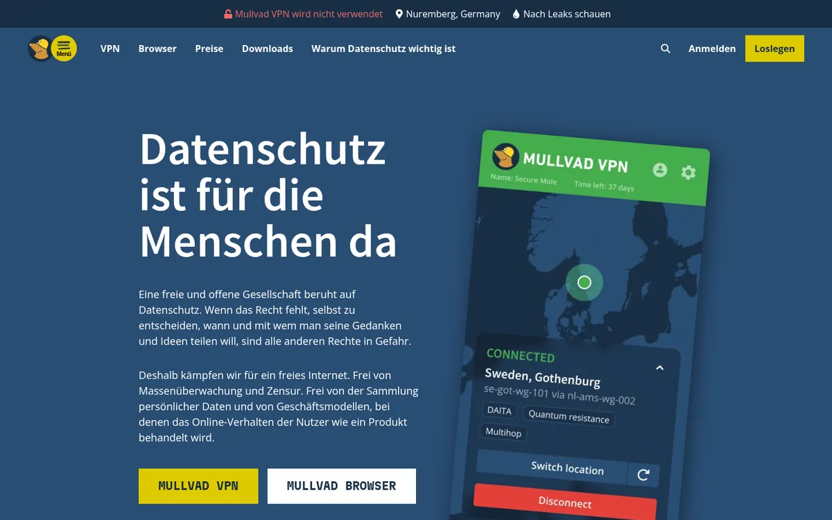Startseite von Mullvad am Computer – VPN Österreich im Test