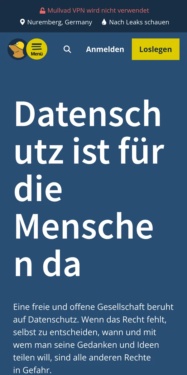 Startseite von Mullvad auf dem Smartphone – VPN Österreich im Test