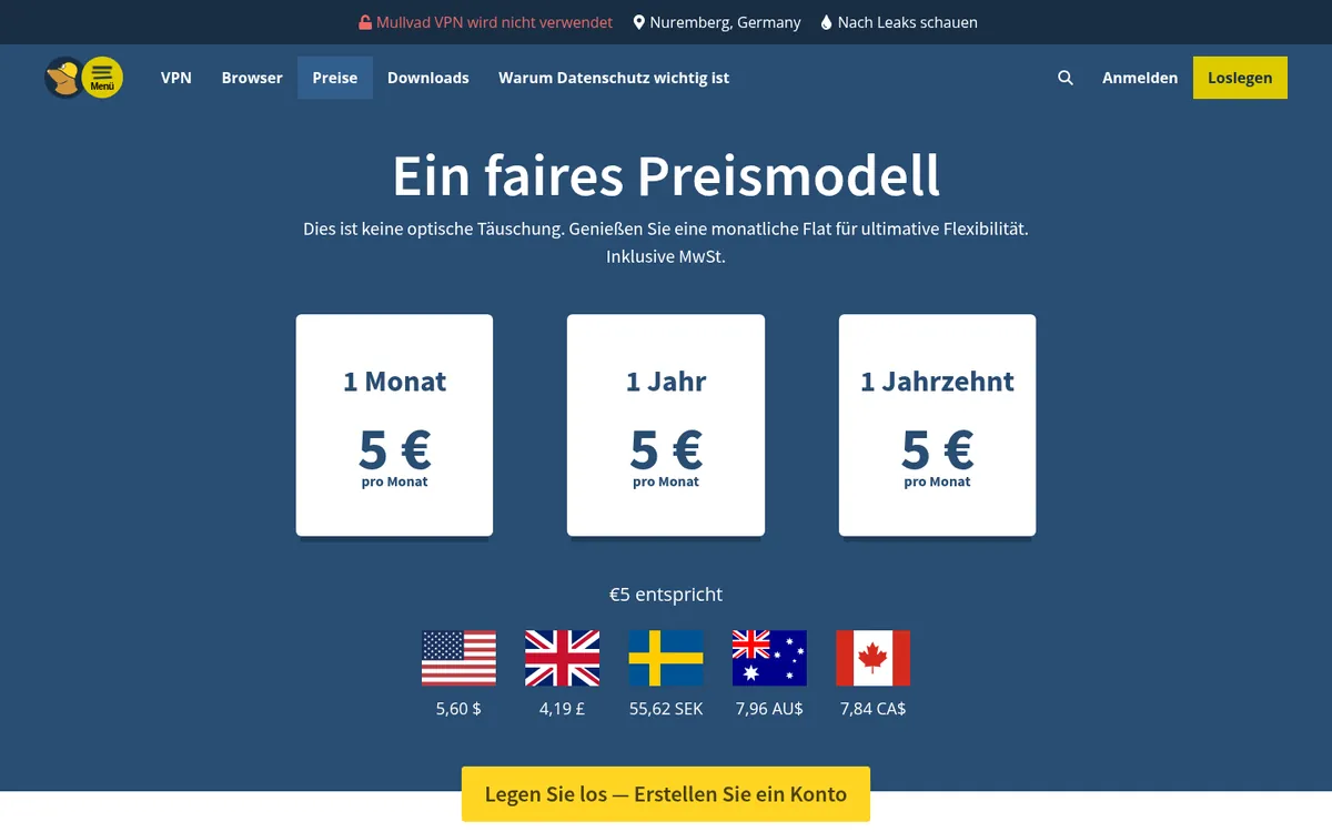 Preisseite von Mullvad – VPN Österreich im Test