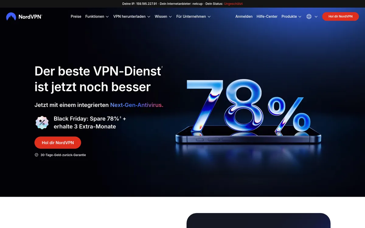 Startseite von NordVPN am Computer – VPN Österreich im Test