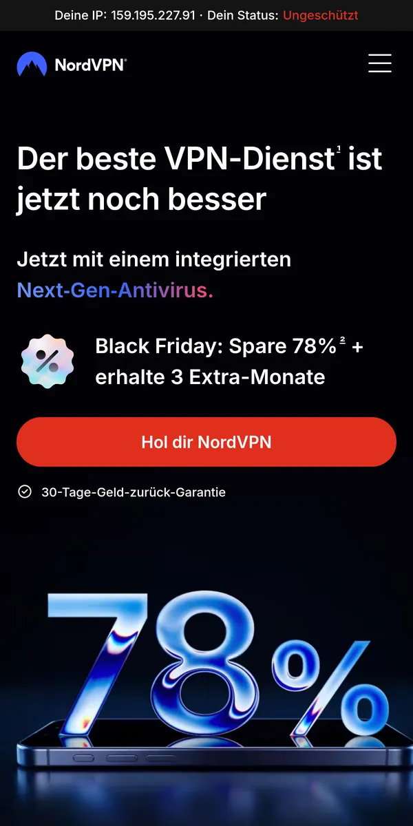 Startseite von NordVPN auf dem Smartphone – VPN Österreich im Test