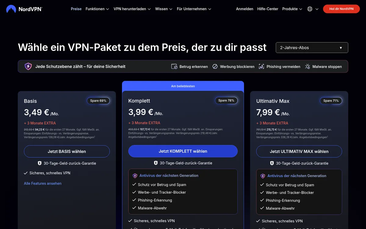 Preisseite von NordVPN – VPN Österreich im Test