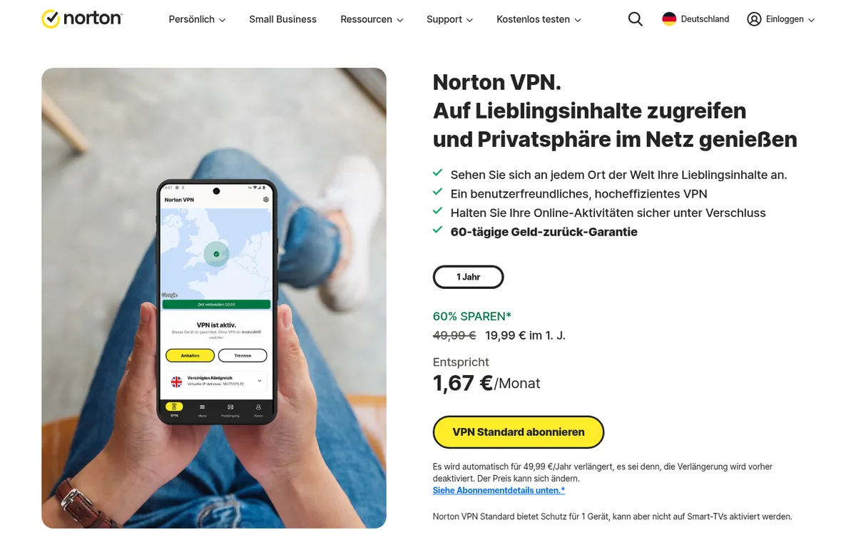Startseite von Norton VPN am Computer – VPN Österreich im Test