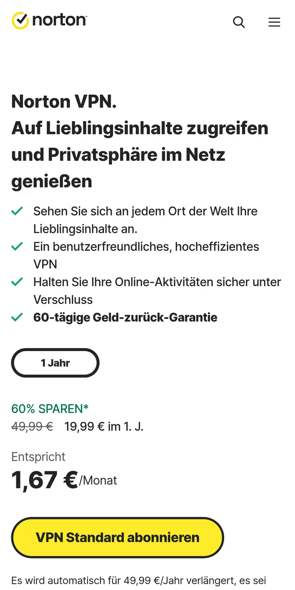 Startseite von Norton VPN auf dem Smartphone – VPN Österreich im Test