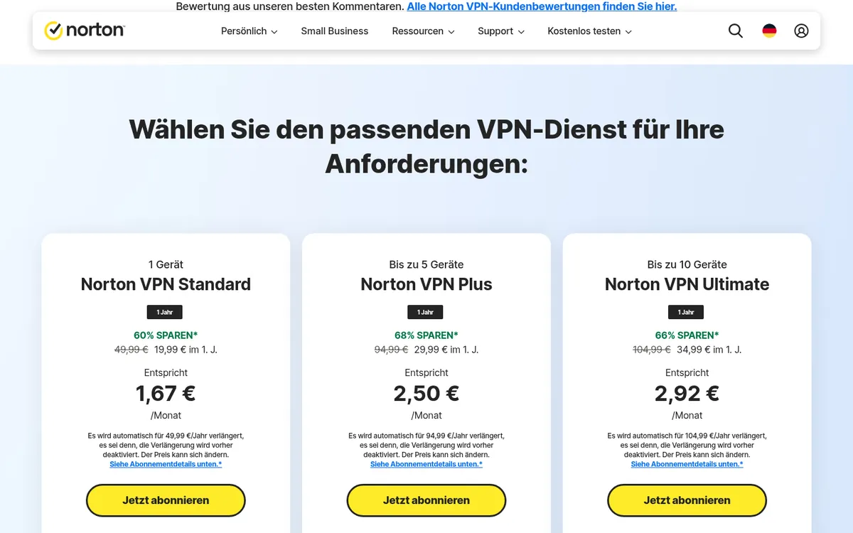 Preisseite von Norton VPN – VPN Österreich im Test
