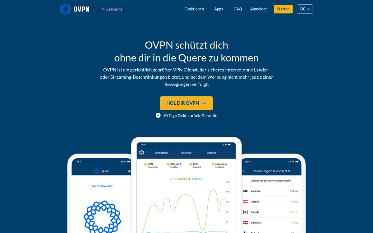 Startseite von OVPN am Computer – VPN Österreich im Test