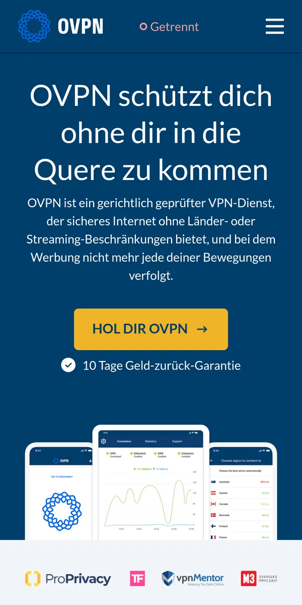 Startseite von OVPN auf dem Smartphone – VPN Österreich im Test