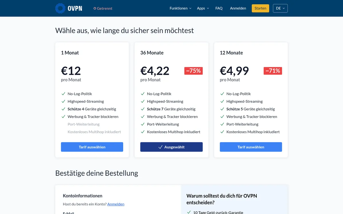 Preisseite von OVPN – VPN Österreich im Test