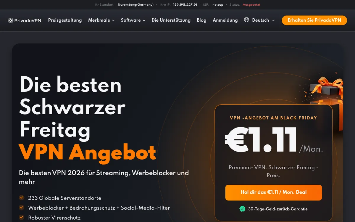 Startseite von PrivadoVPN am Computer – VPN Österreich im Test