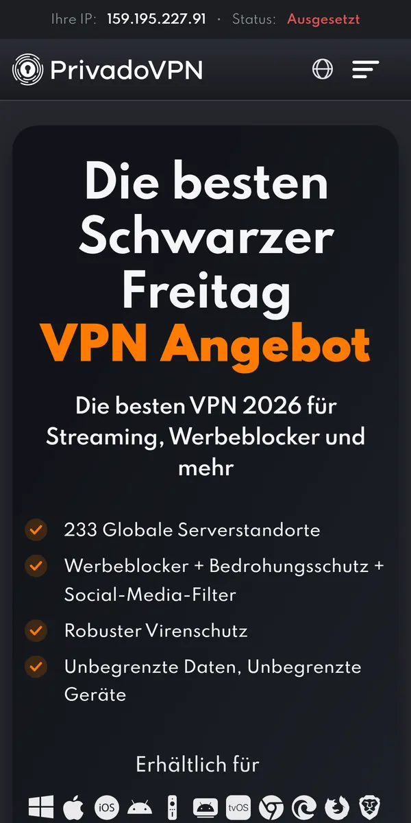 Startseite von PrivadoVPN auf dem Smartphone – VPN Österreich im Test