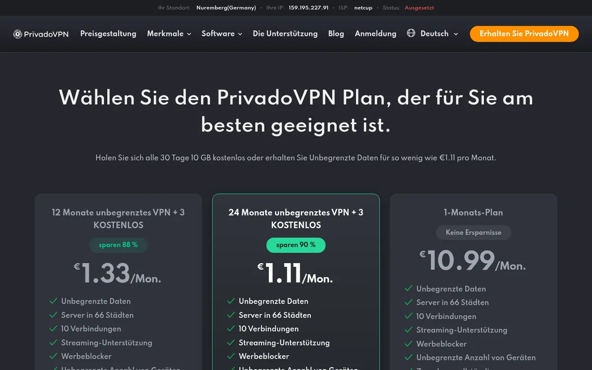 Preisseite von PrivadoVPN – VPN Österreich im Test