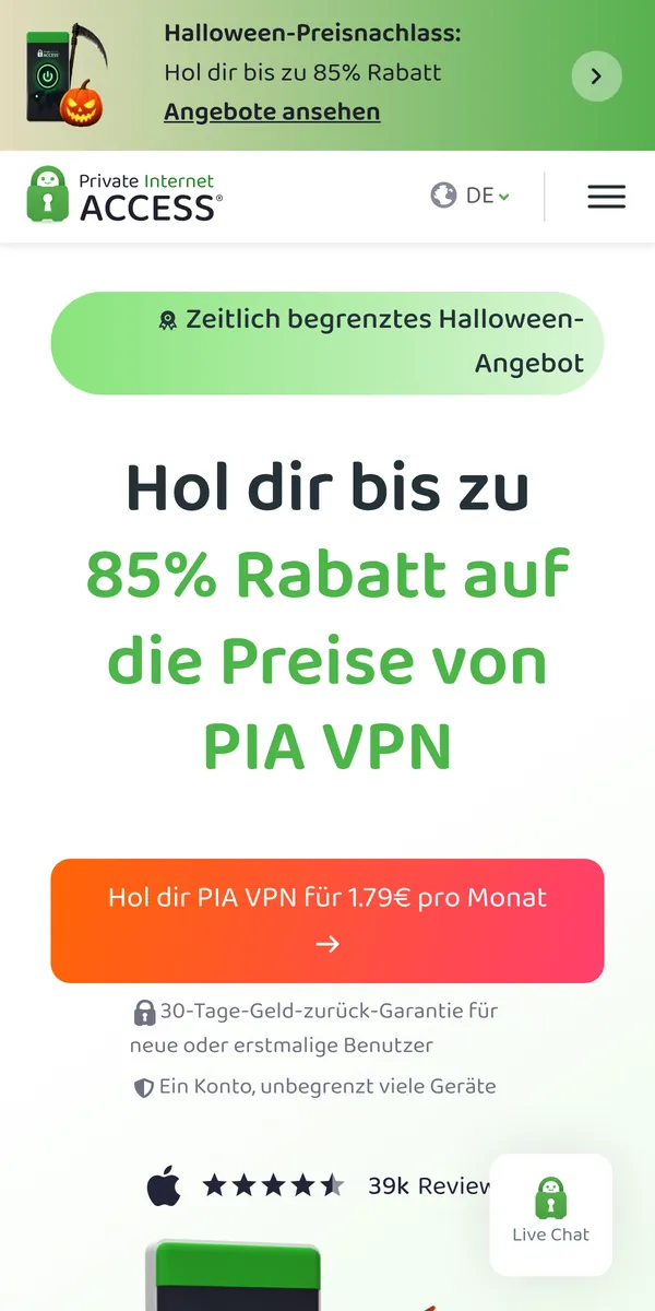 Startseite von Private Internet Access auf dem Smartphone – VPN Österreich im Test