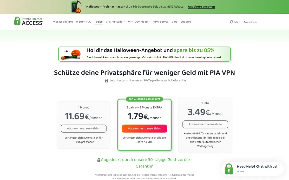 Preisseite von Private Internet Access – VPN Österreich im Test