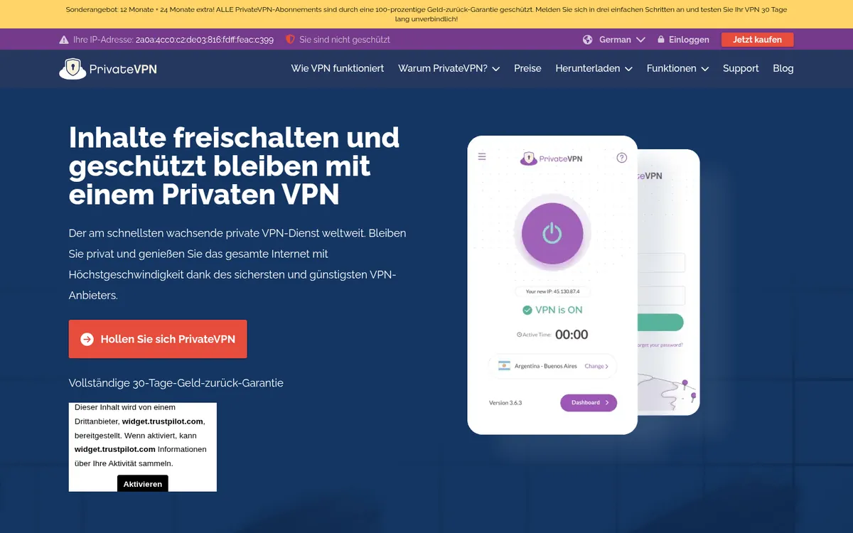 Startseite von PrivateVPN am Computer – VPN Österreich im Test