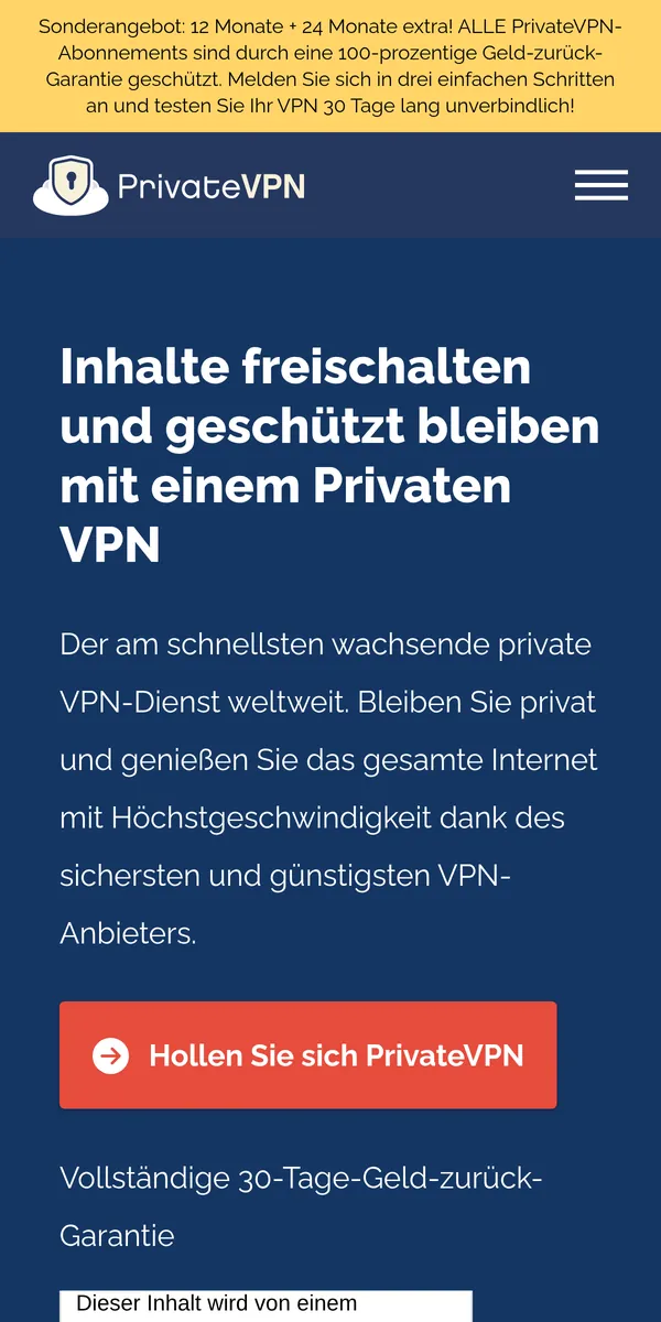 Startseite von PrivateVPN auf dem Smartphone – VPN Österreich im Test