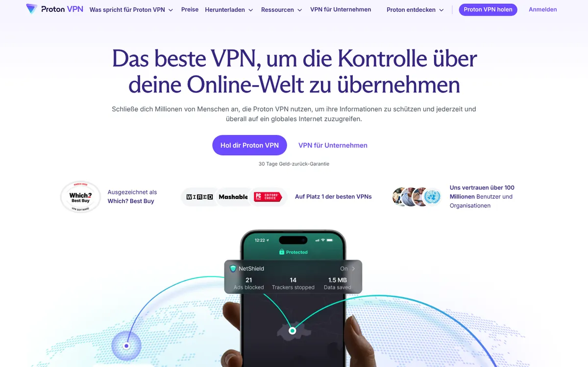 Startseite von Proton VPN, einem der Dienste im Vergleich