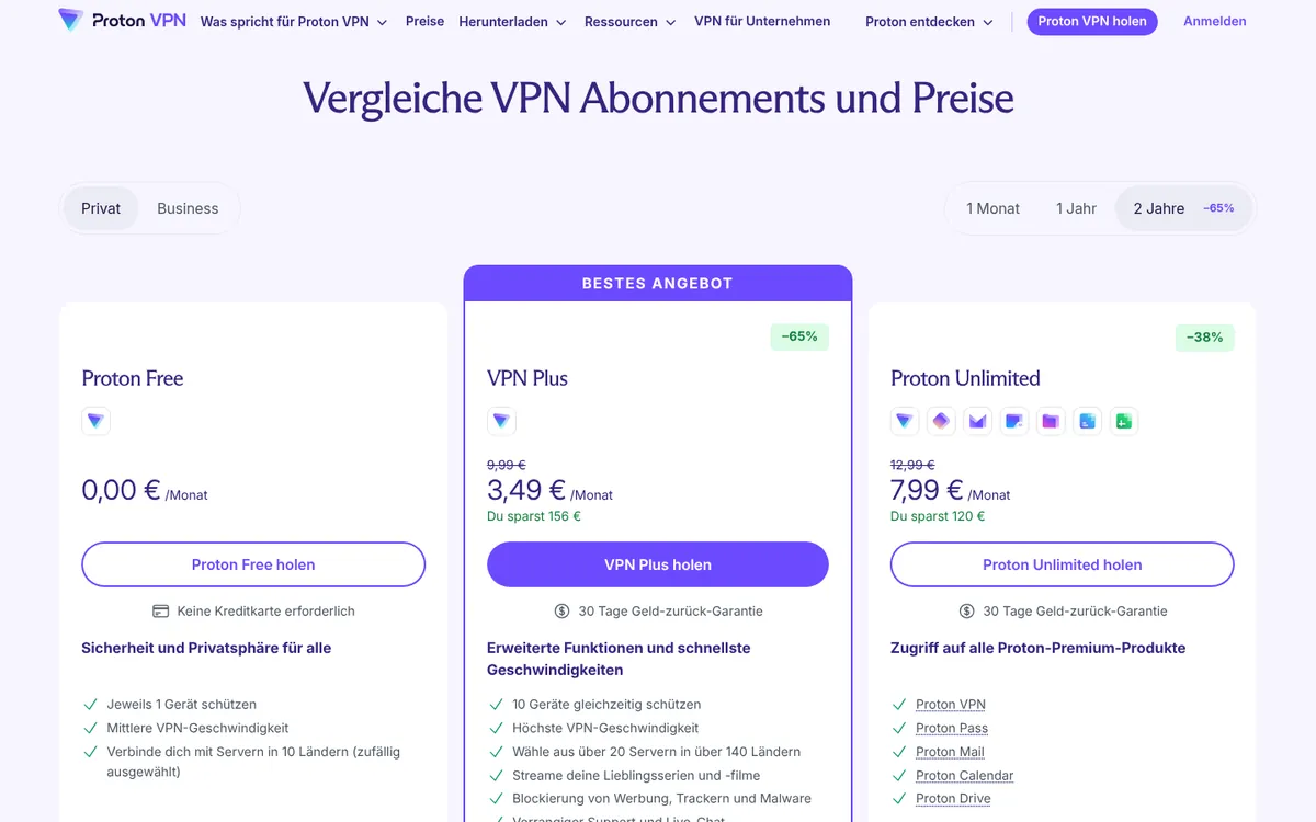 Preisseite von Proton VPN – VPN Österreich im Test